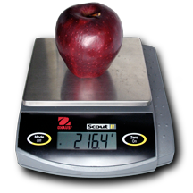 Red delicious apple on an electronic balance reading 216.4 grams