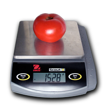 Tomato on an electronic balance reading 152.8 grams