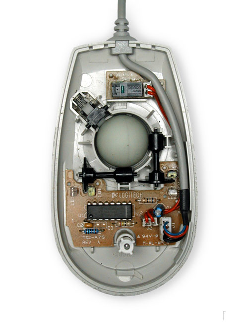 Photo of a computer mouse with the top cover removed